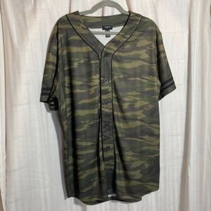 Forever 21 Men Camouflage Baseball Jersey Shirt Short Sleeve XL Green Black Camo